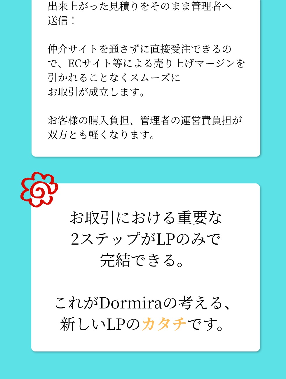 お取引における重要な2ステップがLPのみで完結できる。これがDormiraの考える、新しいLPのカタチです。